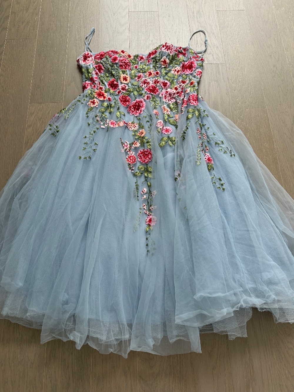 Ieena for Mac Duggal Powder Blue Tulle Midi Dress Embroidered Roses Bustier - 14 - Picture 5 of 11